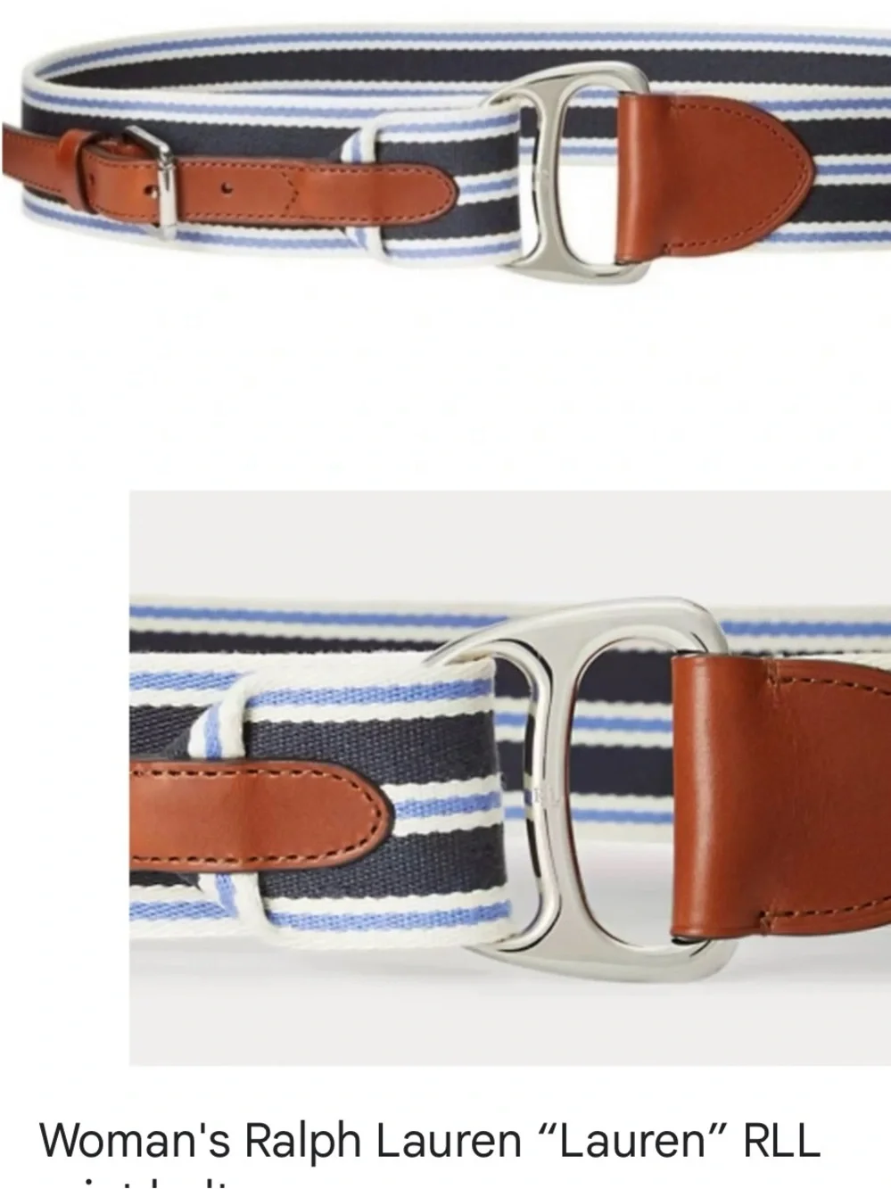 Ralph Lauren Striped Canvas Belt in Navy, Light Blue & White with Brown Leather